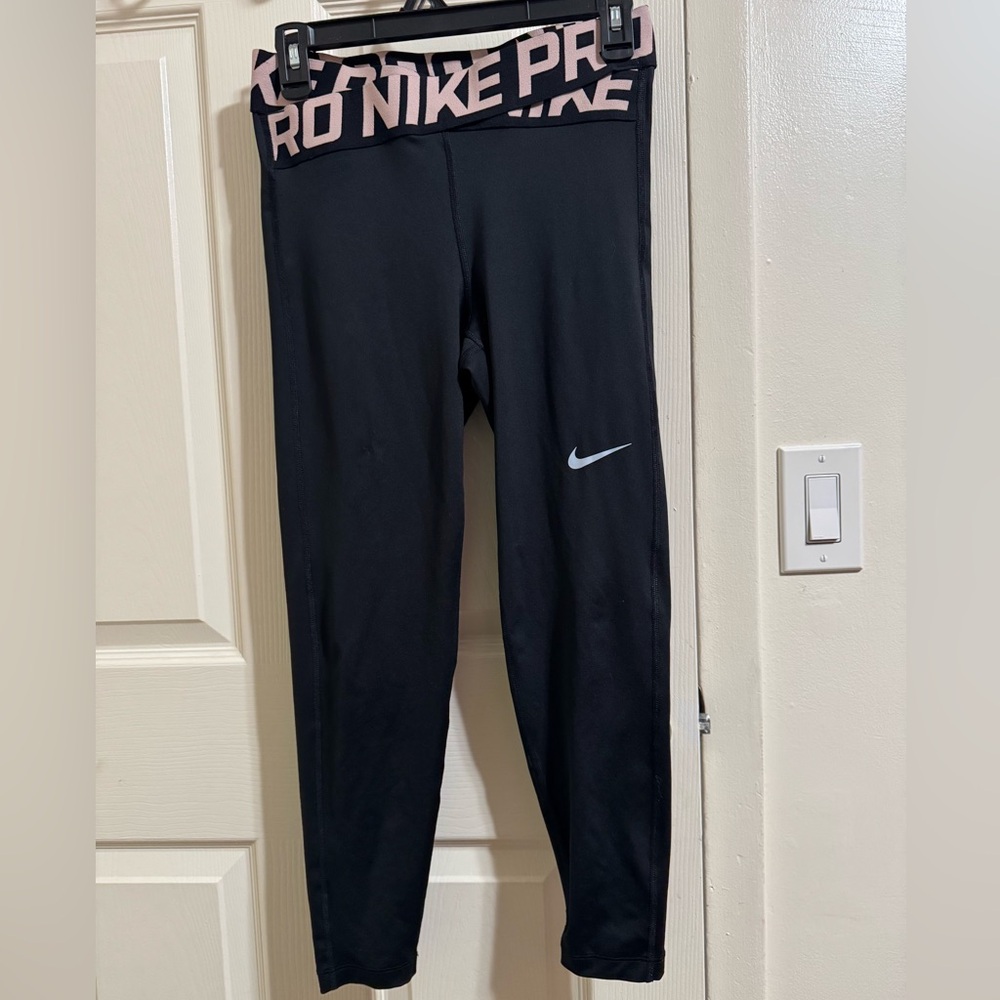Nike Pro Dri-fit Black Leggings with Pink Logo Waistband